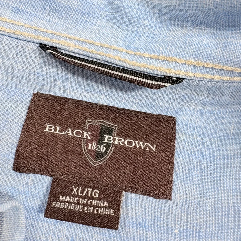 Black Brown Mens Linen Blue Striped Button Down Shirt XL Roll Tab Coastal Preppy